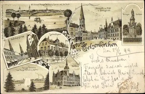 Litho Gelsenkirchen im Ruhrgebiet, Neumarkt, Post, Amtsgericht, Kriegerdenkmal, Landratsamt, Rathaus