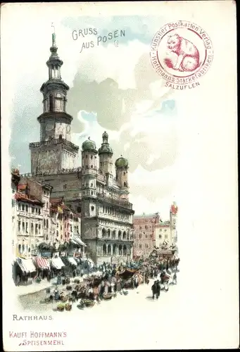 Ak Poznań Posen, Rathaus, Markt, Reklame Hoffmanns Speisenmehl