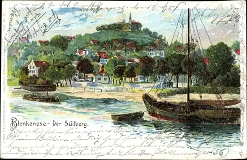 Relief Glitzer Litho Hamburg Altona Blankenese, Süllberg, Segelboot