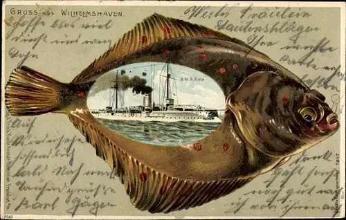 Präge Litho Wilhelmshaven an der Nordsee, Fisch, Deutsches Kriegsschiff SMS Hela, Kaiserliche Marine