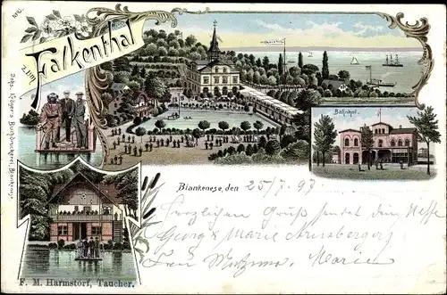 Litho Hamburg Altona Blankenese Falkenthal, Bahnhof, Taucher F. M. Harmstorf, Gasthaus