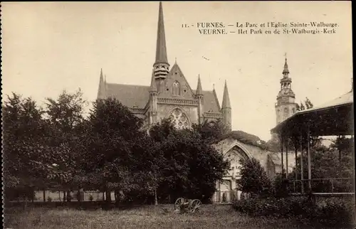 Ak Furnes Veurne Westflandern, Park, Kirche St. Walburgis