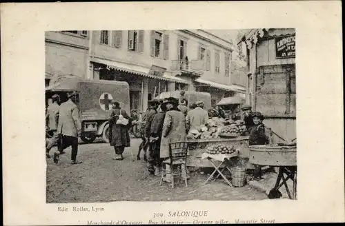 Ak Saloniki Griechenland, Monastir-Straße, Orangenhändler, Krankenwagen