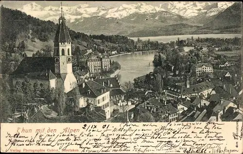 Ak Thun Kanton Bern Schweiz, Gesamtansicht mit den Alpen