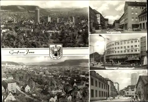 Ak Jena in Thüringen, Weigelstraße, Interhotel International, An der Hauptpost, Panorama, Wappen