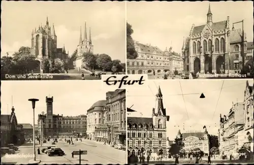 Ak Erfurt in Thüringen, Fischmarkt mit Rathaus, Dom und Severikirche, Bahnhofsplatz