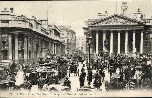 Ak London City, The Royal Exchange and Bank of England, Börse, Verkehrsszene