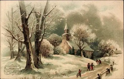 Ak Reklame, Chicoree a la Menagere, Chocolat, Duroyon et Ramette, Landschaft, Winter, Kirche