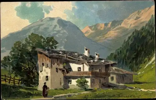 Künstler Litho Theuerkauf, Gottlob, Gebirgslandschaft, Wohnhaus