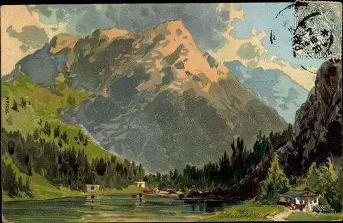 Künstler Litho Theuerkauf, Landschaft, Gebirge, Berghütten, See
