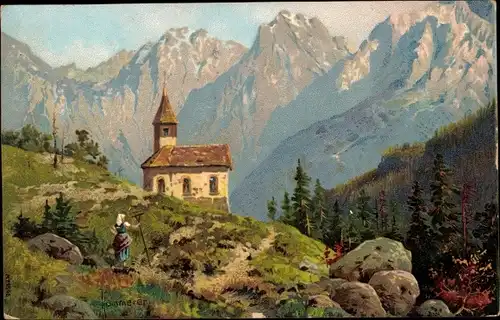 Künstler Ak Kämmerer, Gebirgslandschaft, Kirche