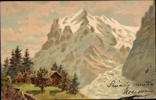 Künstler Ak Gebirgslandschaft, Hütte, Gletscher