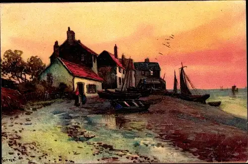 Künstler Ak Jotter, Ortsmotiv an der Küste, Dämmerung