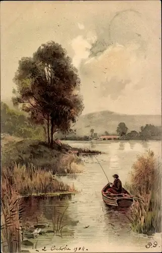 Künstler Litho Mann im Ruderboot beim Angeln, Flusspartie