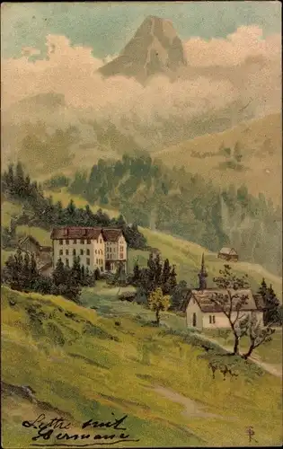 Künstler Litho Gebirgslandschaft, Ortschaft, Kapelle
