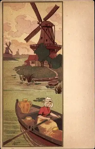 Künstler Ak Medsille, Frau im Ruderboot, Windmühle
