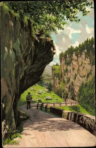 Künstler Litho Mailick, Wanderer auf einem Weg durchs Gebirge, Felsen