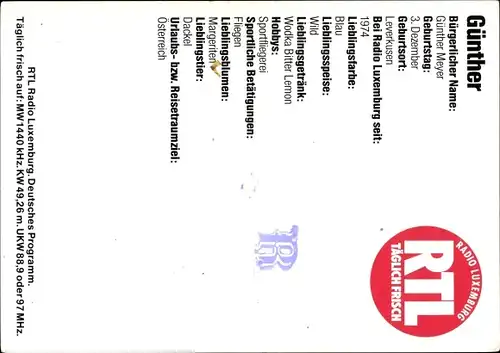 Ak Moderator Günther Meyer, Radio Luxemburg, Autogramm