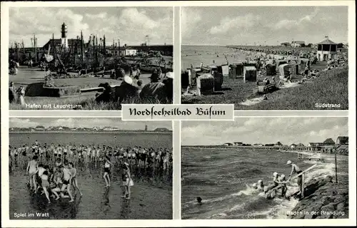 Ak Nordseebad Büsum, Spiel im Watt, Südstrand, Hafen mit Leuchtturm, Baden in der Brandung