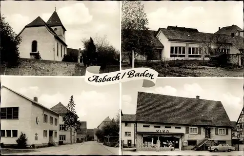 Ak Asbach Obrigheim am Neckar Baden, Kirche, Teilansichten, Geschäft VIVO