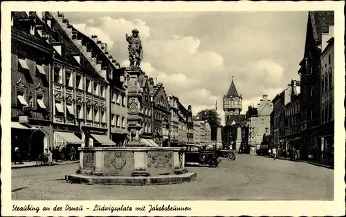 Ak Straubing an der Donau Niederbayern, Ludwigsplatz mit Jakobsbrunnen