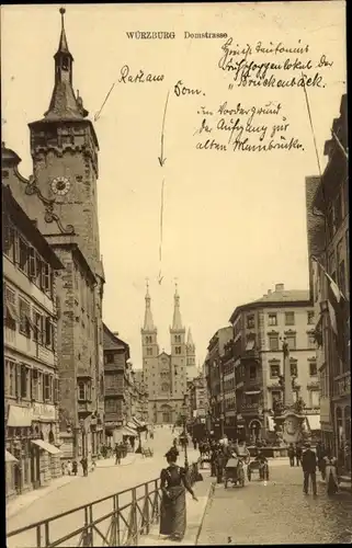 Ak Würzburg am Main Unterfranken, Domstraße, Rathaus, Dom, Passanten