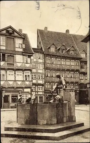 Ak Braunschweig in Niedersachsen, Eulenspiegel-Brunnen, Eulenspiegel-Haus