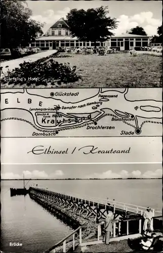 Ak Elbinsel Krautsand Drochtersen, Buhrfeinds Hotel, Brücke, Landkarte