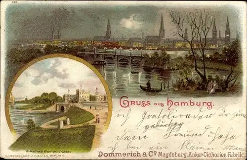 Mondschein Litho Hamburg, Panorama, Feenteichbrücke Uhlenhorst