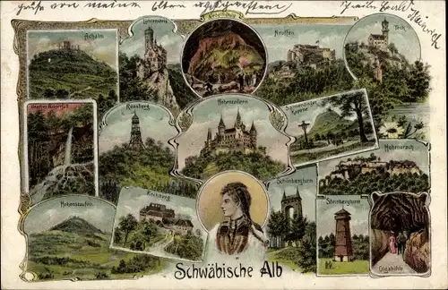 Litho Reutlingen in Württemberg, Burg Achalm, Rossberg, Hohenzollern, Nebelhöhle, Schwäbische Alb
