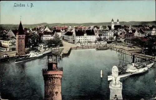 Ak Lindau am Bodensee Schwaben, Hafen, Turm, Leuchtturm, Schiff, Löwenstandbild