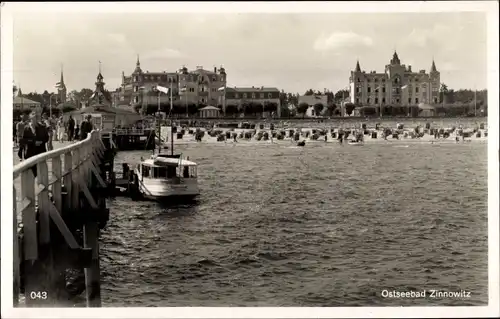 Ak Ostseebad Zinnowitz auf Usedom, Strand und Seebrücke, Hotels