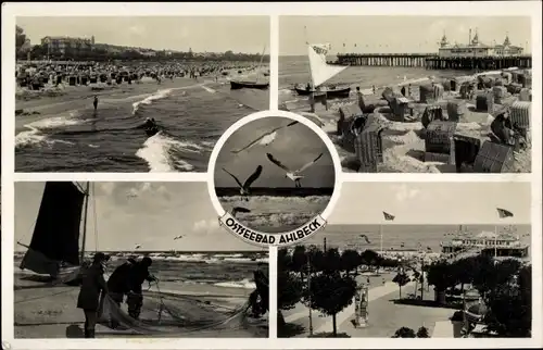 Ak Ostseebad Ahlbeck Heringsdorf auf Usedom, Strand, Fischer legen Netz zusammen, Seebrücke