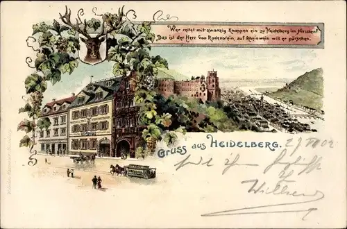Litho Heidelberg am Neckar, Panorama, Straßenpartie