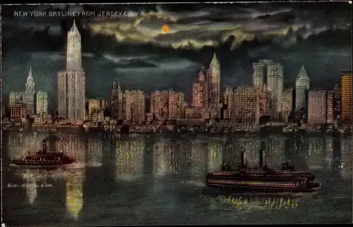 Ak New York City USA, Panorama von Jersey City gesehen, Nachtbeleuchtung