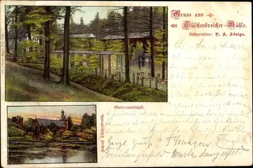 Litho Tüschenbroich Wegberg, Gartenwirtschaft Tüschenbroicher Mühle, Schloss Tüschenbroich