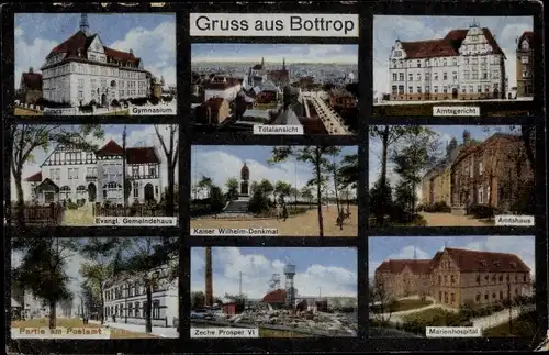 Ak Bottrop im Ruhrgebiet, Gymnasium, Zeche Prosper VI, Post, Amtsgericht, Amtshaus, Marienhospital