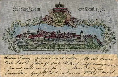 Ak Hildburghausen in Thüringen, Stadtansicht 1770, Seidenimitatkarte