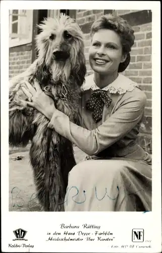 Ak Schauspielerin Barbara Rütting, Portrait mit Hund, Autogramm