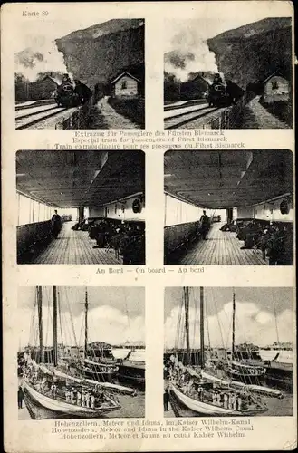 Stereo Ak Dampfer Fürst Bismarck, Extrazug für Passagiere, An Bord, SMY Hohenzollern, Meteor, Iduna