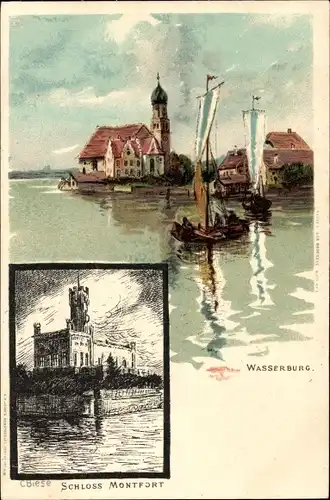 Künstler Litho Biese, C., Wasserburg am Bodensee Schwaben, Schloss Montfort, Segelboote
