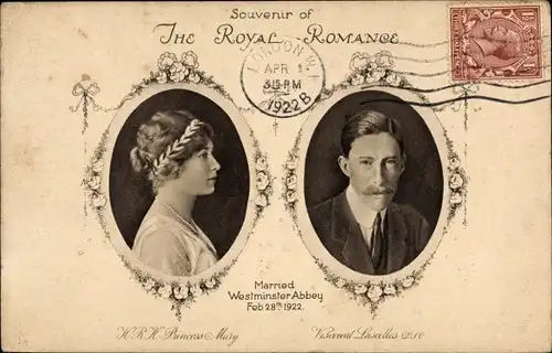 Ak Princess Mary, Viscount Lascelles, Hochzeit 1922, Adel Großbritannien