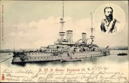 Ak Deutsches Kriegsschiff, SMS Kaiser Friedrich III, Linienschiff, Portrait