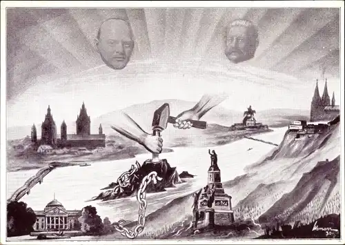Künstler Ak Wermann, Unser Rheinland ist frei, Gustav Stresemann, Paul von Hindenburg, 1930