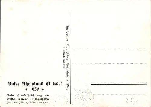 Künstler Ak Wermann, Unser Rheinland ist frei, Gustav Stresemann, Paul von Hindenburg, 1930