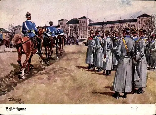 Künstler Ak Döbrich-Steglitz, Besichtigung, Soldaten auf einem Kasernenplatz, Reiter