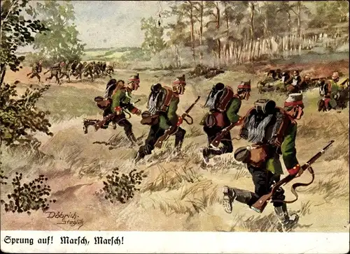 Künstler Ak Döbrich-Steglitz, Sprung auf, Marsch Marsch, Soldaten im Gefecht