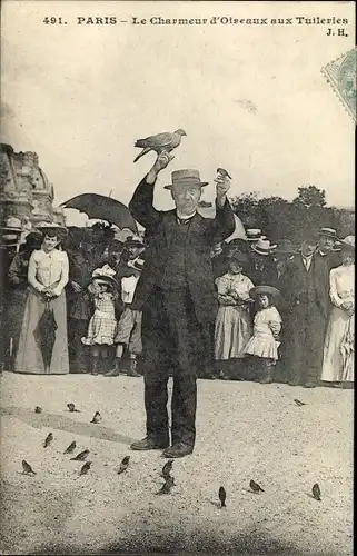 Ak Paris, Vogelbeschwörer in den Tuilerien
