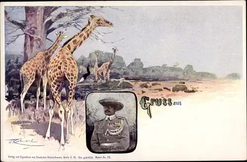 Künstler Ak Deutsch Südwestafrika Namibia, Major Theodor Leutwein, Giraffen
