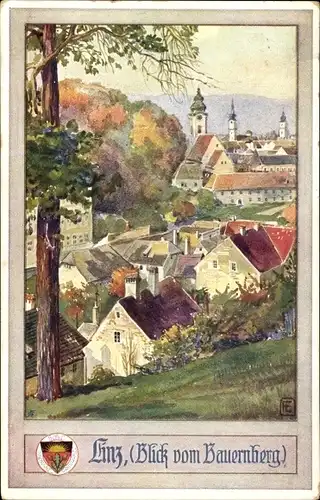 Künstler Ak Linz Oberösterreich, Blick v. Bauernberg auf die Stadt, Deutscher Schulverein Nr. 486